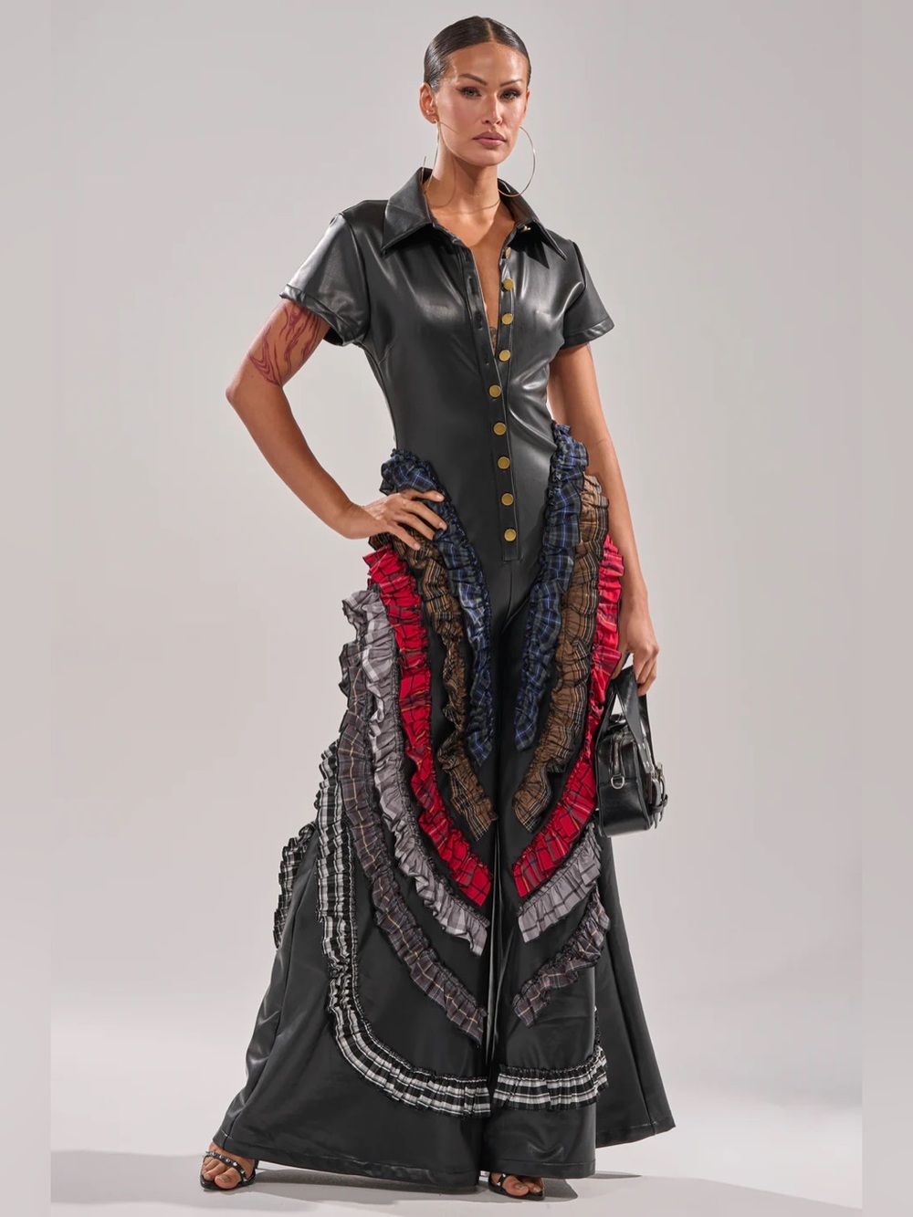 Black Faux Leather Maxi Dress with Ruffle Panels - Picture 3 of 7